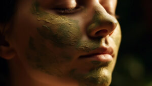 Young adult women applies facial green tea mask for relaxation